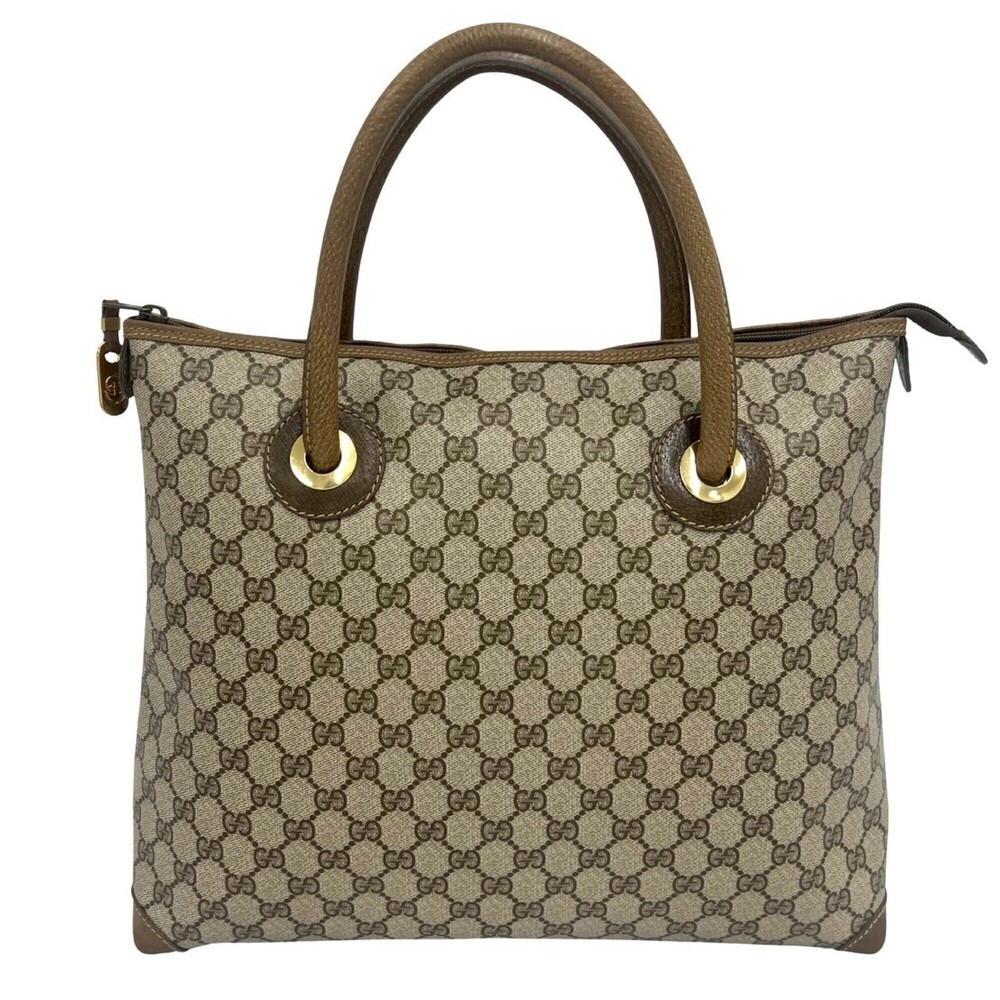 GUCCI (Old Gucci) Vintage GG Pattern Logo Hardware Leather Handbag Tote Bag B...